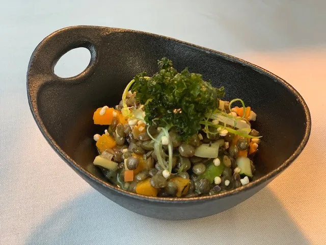 Puy lentil ragout, deep fried kale, puffed amaranth