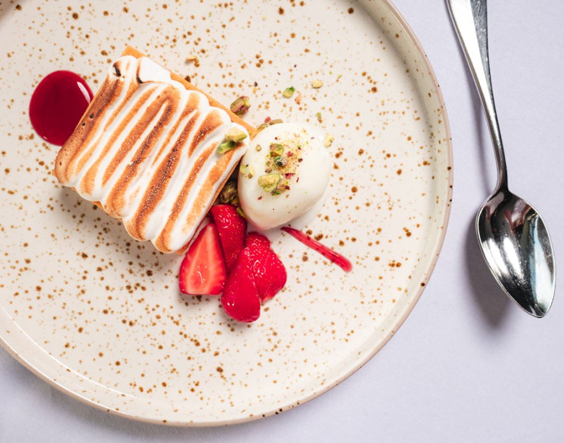 Plated strawberry dessert