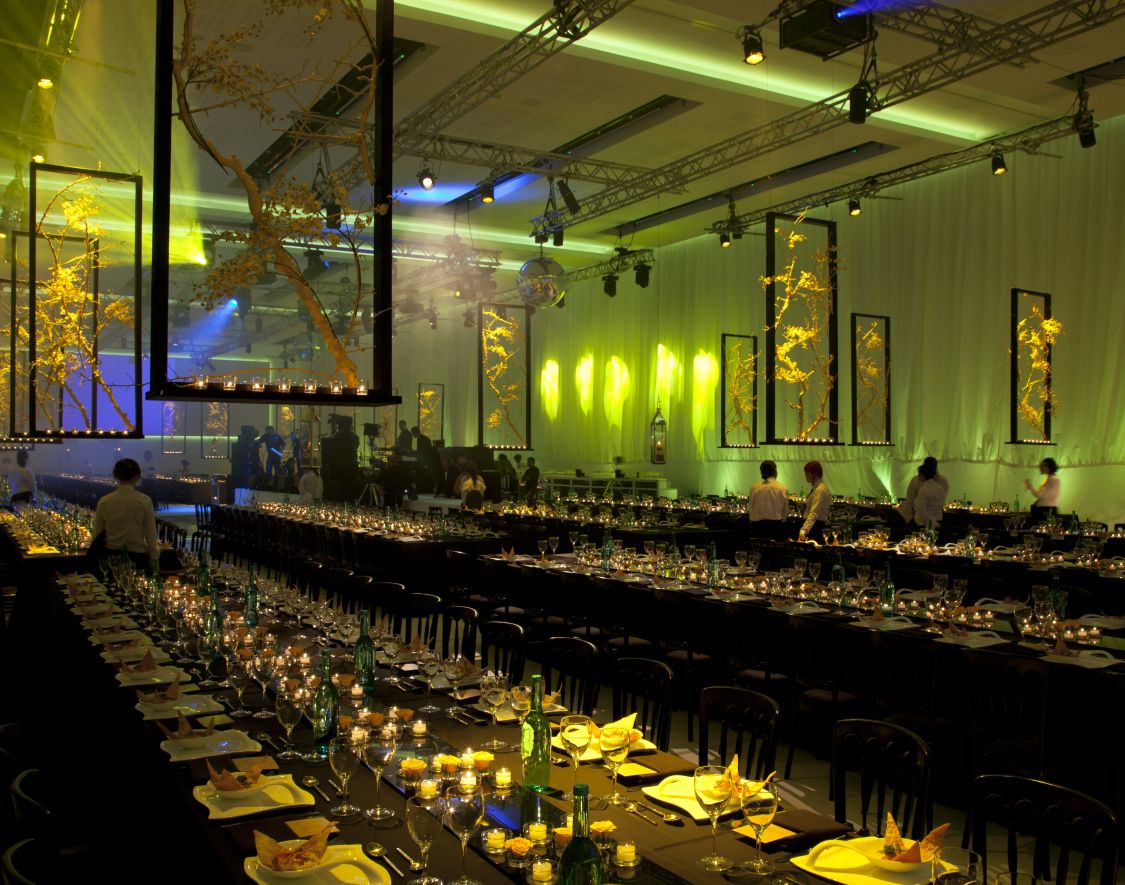 darkly lit banquet table